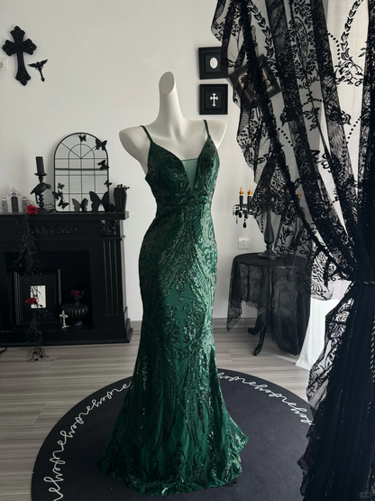 Vintage Emerald Green Satin Sequin Mermaid Evening Dress,Spaghetti Straps Long Prom Dress D3692