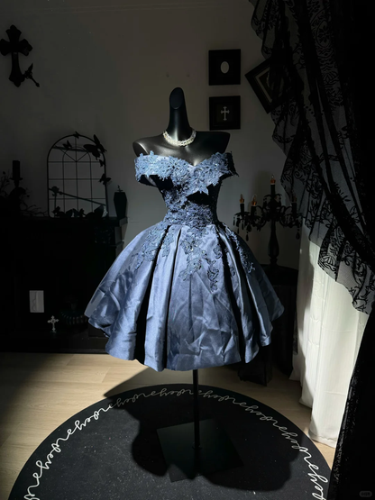 Elegant Navy Blue Off The Shoulder Satin Appliques A Line 7th Grade Homecoming Dress Short Prom Dress D3018