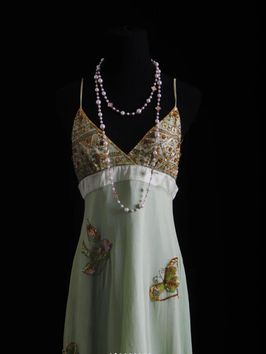 Classy Light Green Spaghetti Straps Chiffon Sequin Beaded Long Birthday Prom Dress Party Gown D1683