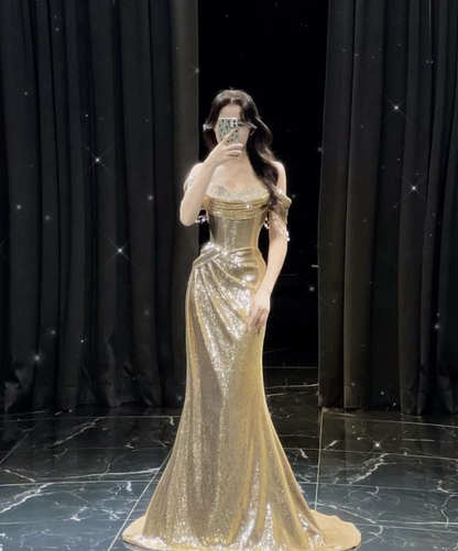 Beautiful Gold Sequin Beaded Evening Dress Off The Shoulder Long Mermaid Prom Dress  S209