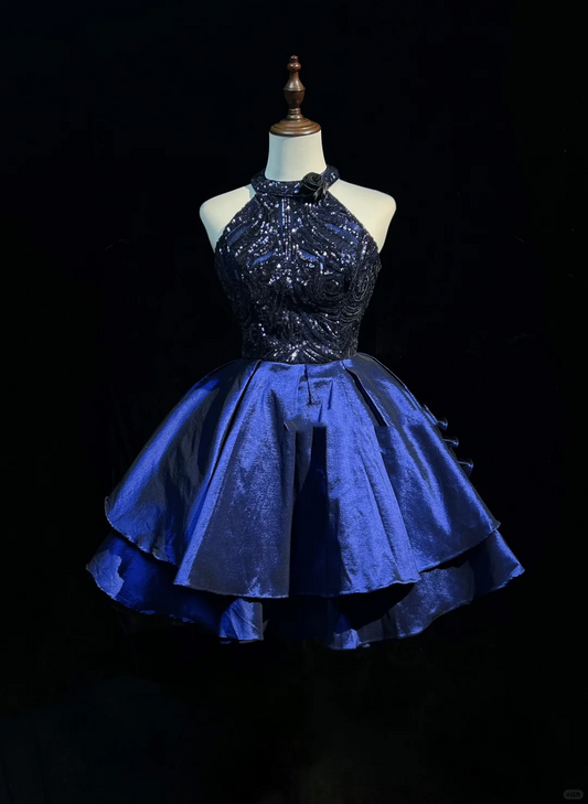 Fashion Halter Navy Blue Satin Sequin A Line Short Homecoming Dress Birthday Outfits D3355