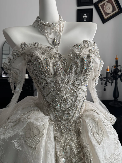 Pretty White Tulle Beaded A Line Short Homecoming Dress,Off The Shoulder Short Party Dress D3715
