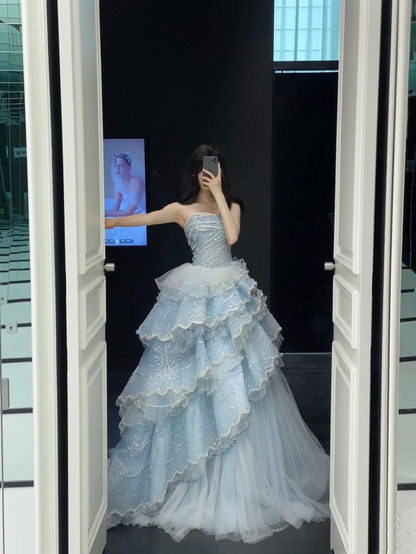 Charming Strapless Blue Tulle Beaded Layered Ball Gown Formal Birthday Party Dress D1573