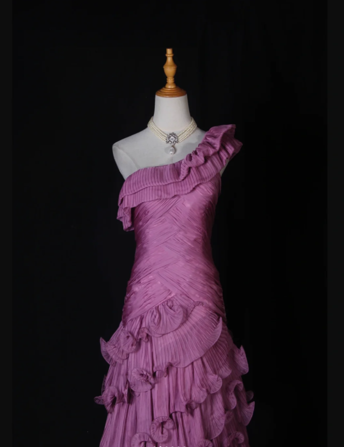 Fairy One Shoulder Purple Chiffon Pleated Ruffles Layered Mermaid Prom Dress Formal Birthday Cake Dress D2272
