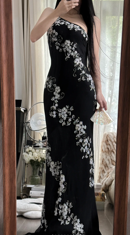 Classy One Shoulder Black Chiffon Beaded Mermaid Long Party Dress Evening Gown D2304