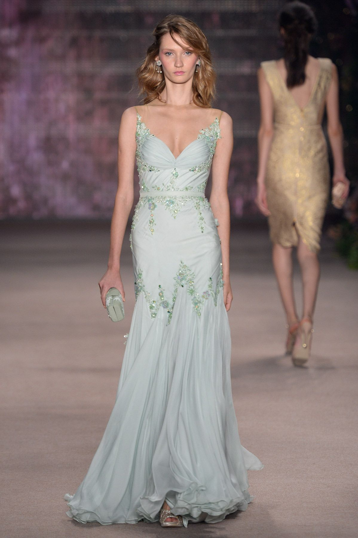 Elegant Spaghetti Straps Light Green Chiffon Beaded Mermaid Long Party Dress Evening Gown D5097
