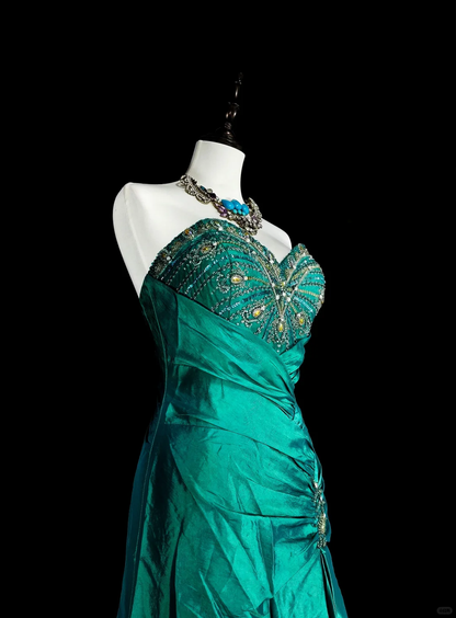 Charming Sweetheart Neck Satin Beaded Long Prom Dress Green Mermaid Evening Dress D5385