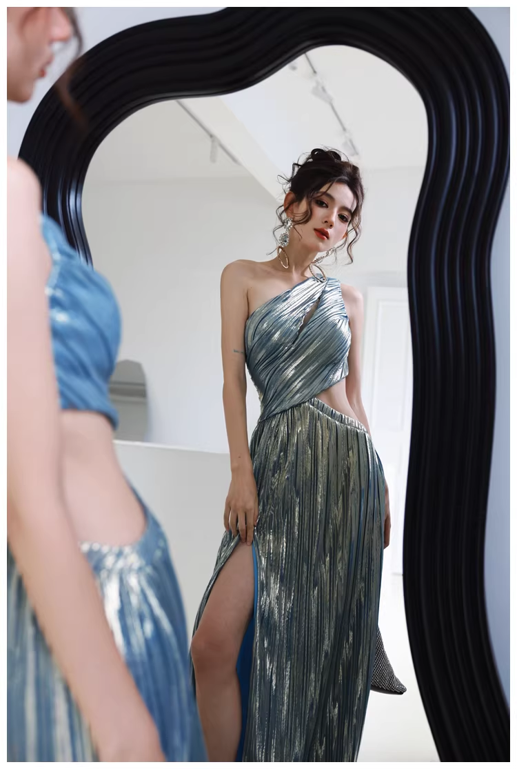 Sexy One Shoulder Satin Pleated Slit Long Wedding Guest Dress Blue Birthday Prom Dress Evening Gown D2458