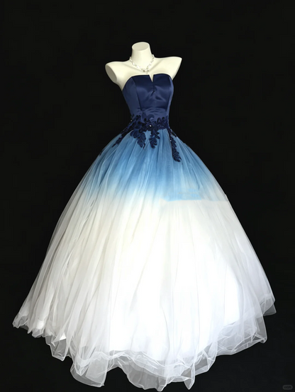 Pretty Strapless Tulle Satin Appliques Birthday Quinceanera Dress Ombre Blue Sweet 16 Dress D5293
