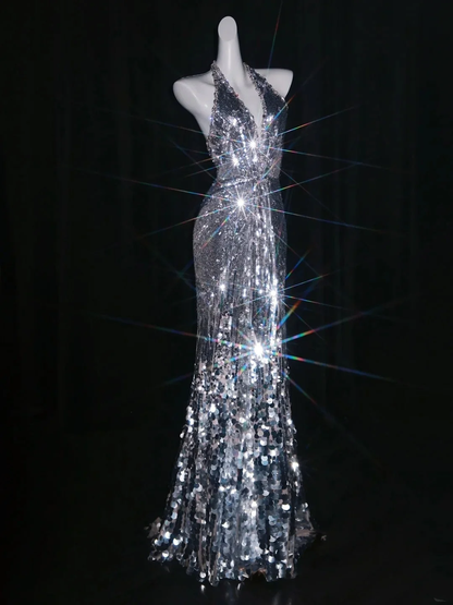 Glitter Silver Sequin Beaded Mermaid Long Evening Dress Halter V Neck Long Birthday Prom Dresses D4847
