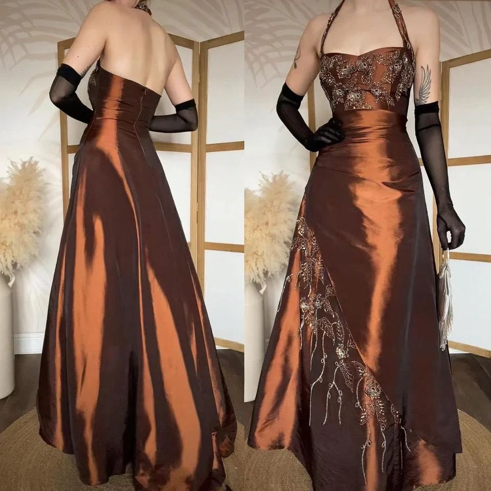 Vintage Halter Brown Satin Beaded Mermaid Evening Dress Long Party Dress Prom Gown With Gloves D1906