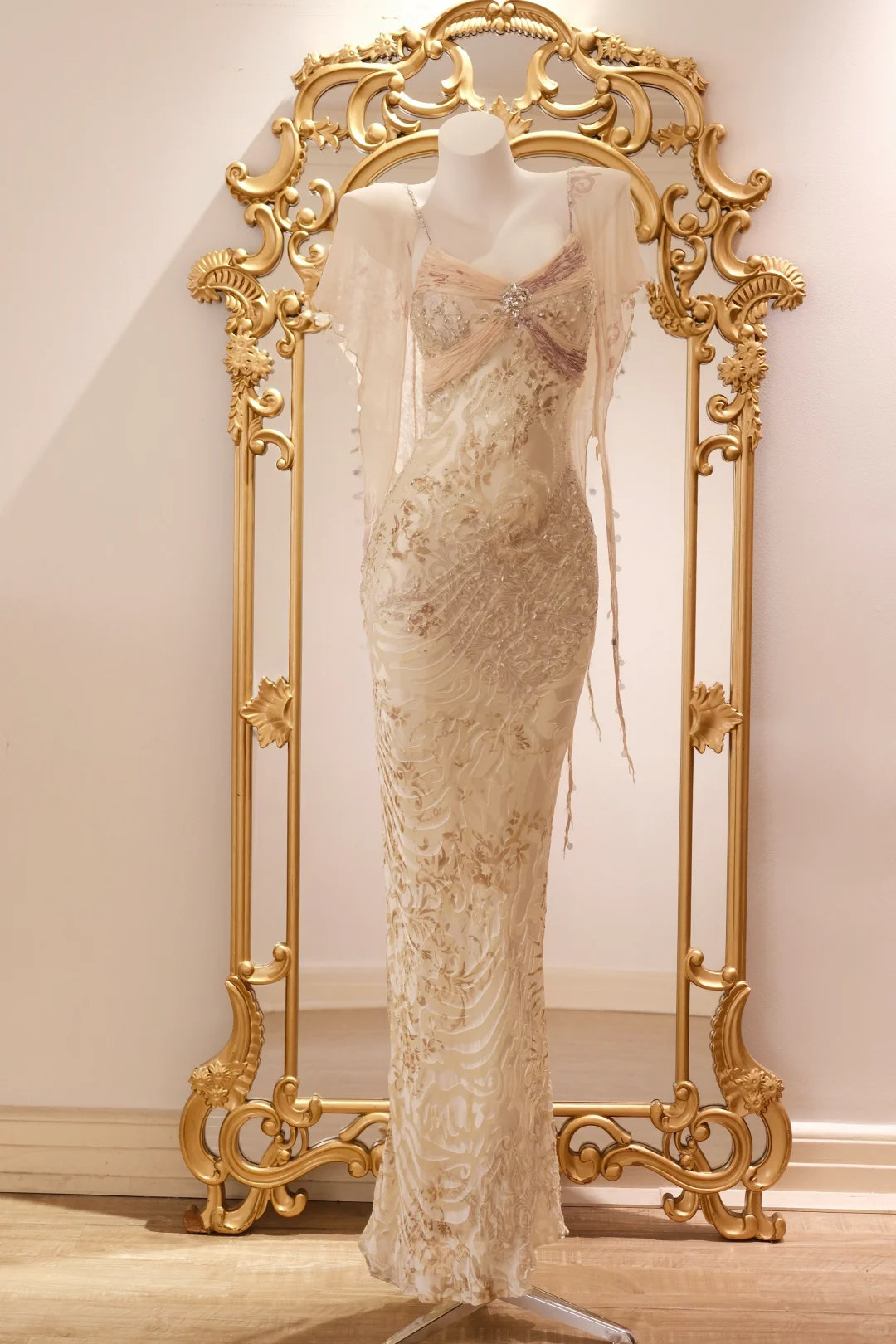 Retro Champagne Spaghetti Straps Chiffon Print Floral Beaded Long Party Dress Birthday Dress D2745