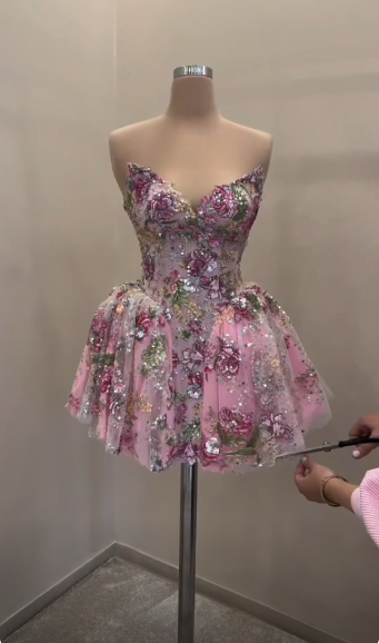 Gorgeous Pink Tulle Sequin Floral A Line Short Homecoming Dress,Formal 15th Birthday Outfits D3739