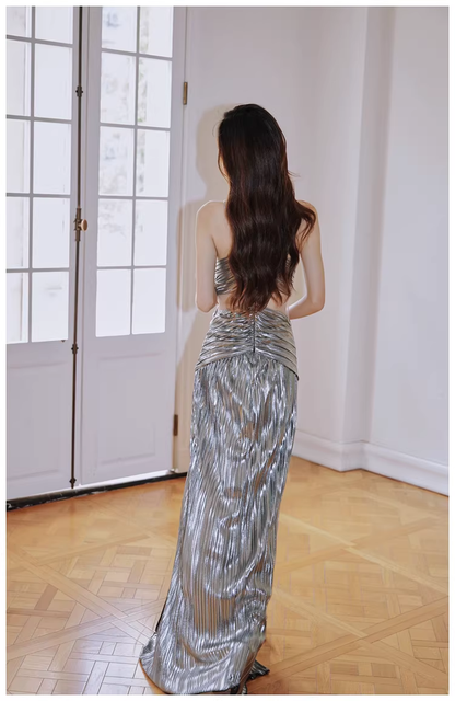 Fashion Silver Gray Satin Pleated High Slit Long Evening Dress Sexy Prom Dress D2429