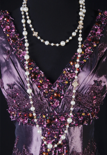 Vintage Purple V Neck Satin Beaded Mermaid Evening Dress Long Birthday Party Gown D2232