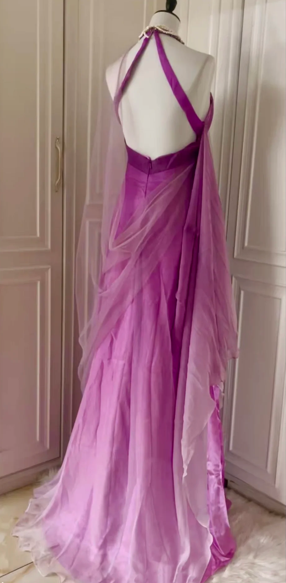 Sexy Ombre Purple Halter Satin Beaded Mermaid Long Evening Dress Backless Birthday Prom Dress D3095