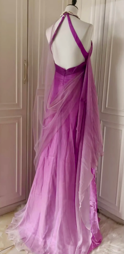 Sexy Ombre Purple Halter Satin Beaded Mermaid Long Evening Dress Backless Birthday Prom Dress D3095