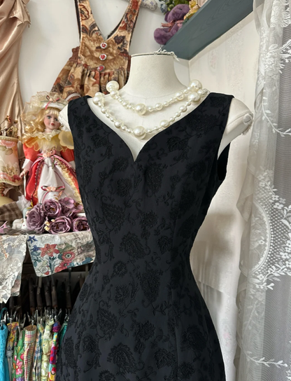 Classy Black Sleeveless Satin Print Floral Mermaid Evening Dress Long Prom Dresses D1621