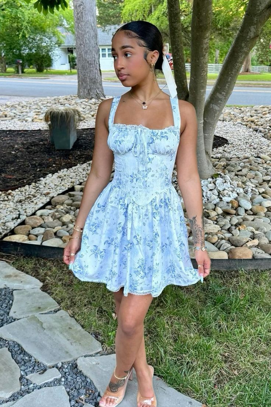 Elegant Spaghetti Straps Satin Print Floral A Line Short Homecoming Dress Mini Birthday Dress D3457