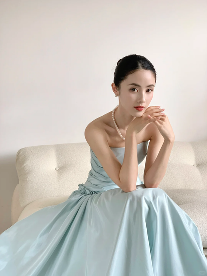 Classy Strapless Blue Satin Mermaid Long Wedding Guest Dress Formal Evening Dress Prom Gown D2483