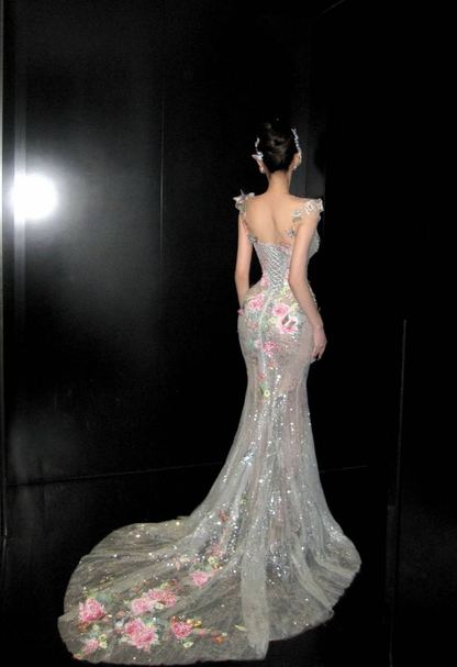 Glamorous Silver Tulle Sequin Beaded Butterfly Appliques Mermaid Long Wedding Dress Formal Bridal Dress D1978