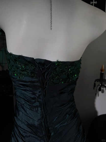 Fashion Dark Teal Satin Pleated Sequin Mermaid Evening Dress Strapless Long Wedding Guest Dress D3734