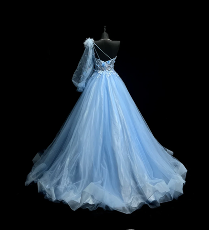 Pretty One Shoulder Blue Tulle Appliques Long Party Dress Formal Evening Dresses D1828