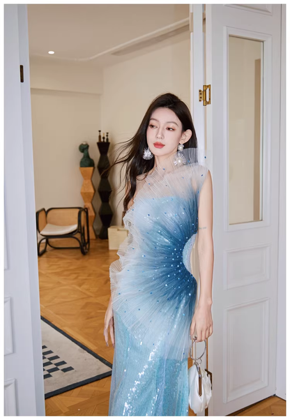 Glamorous Blue Tulle Sequin Mermaid Long Evening Dress Formal 19th Birthday Outfits With Beads D2400
