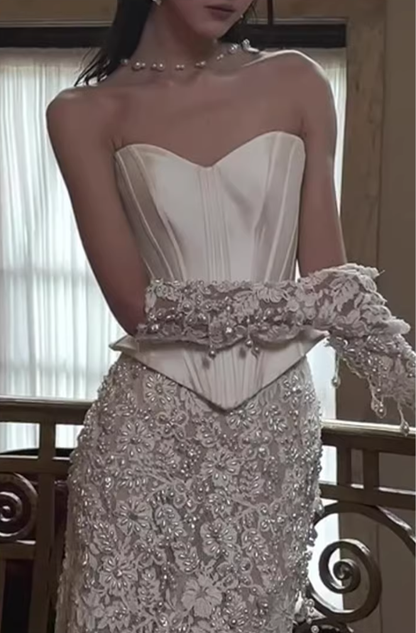 Fairy Strapless White Lace Pearls Mermaid Evening Dress Birthday Party Gown With Gloves D2220