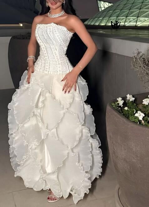 Elegant Strapless White Satin Beaded Tulle Pleated Long Party Dress Evening Dress D4586