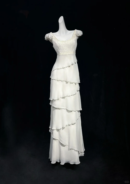 Classy White Sleeveless Chiffon Layered Beaded Long Party Dress Evening Dress D2841