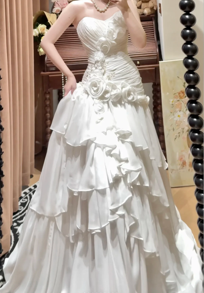 Elegant Strapless Satin Pleated Layered Mermaid Long Wedding Dress White Formal Bridal Dress D2043