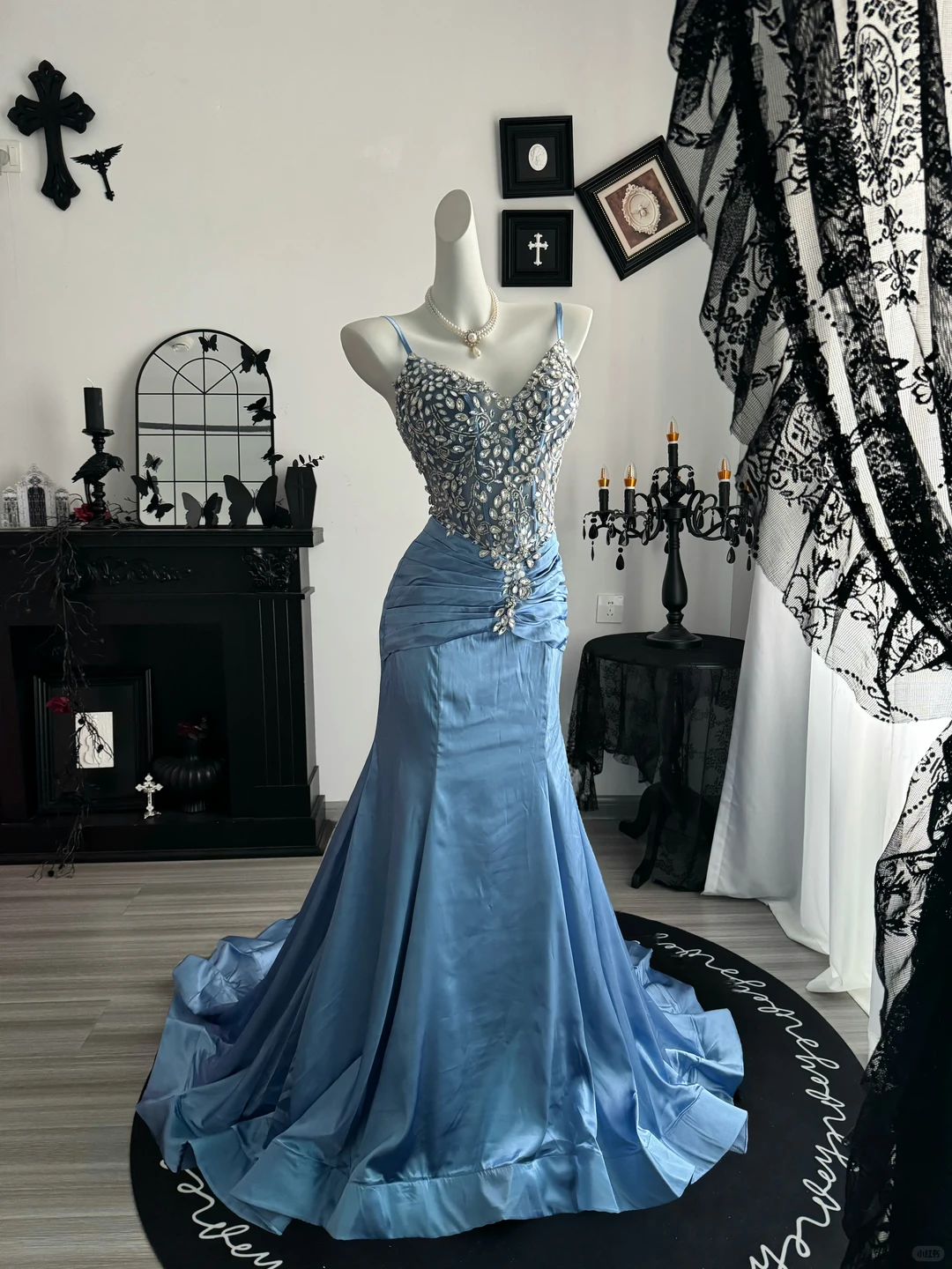 Elegant Spaghetti Straps Blue Satin Beaded Mermaid Evening Dress Long Party Gown D3703