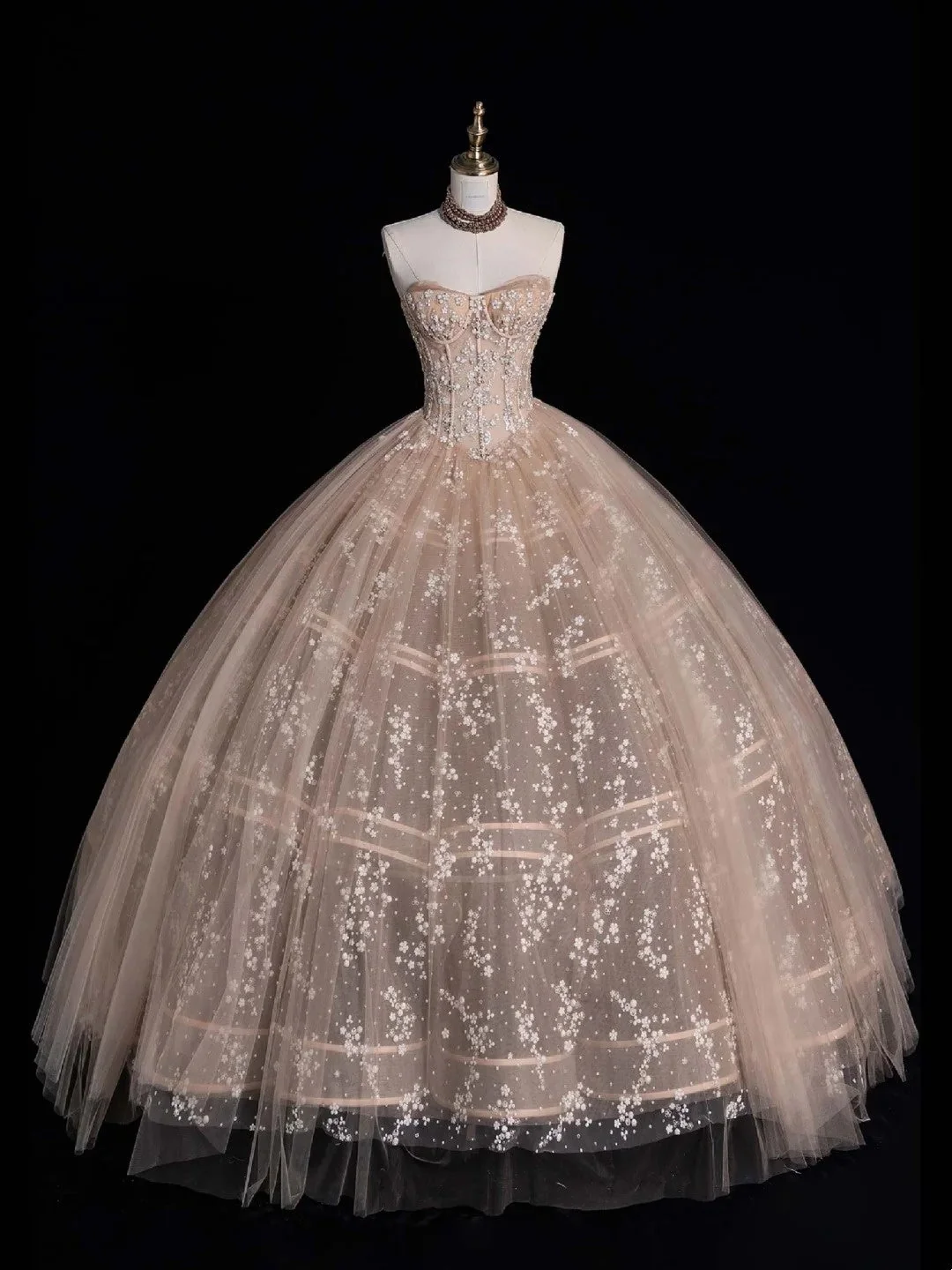 Ball Gown Strapless Champagne Sleeveless With Applique Tulle Long Quinceanera Dresses Sweet 15 16  Dress D4263