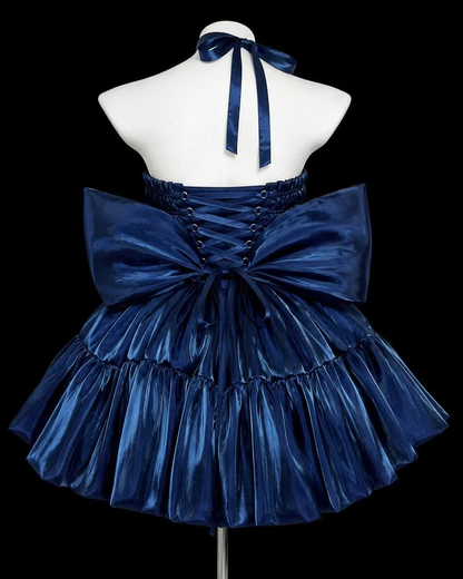 Cute Strapless Navy Blue Satin A Line Short Birthday Dress Homecoming Dress With Bow D3837