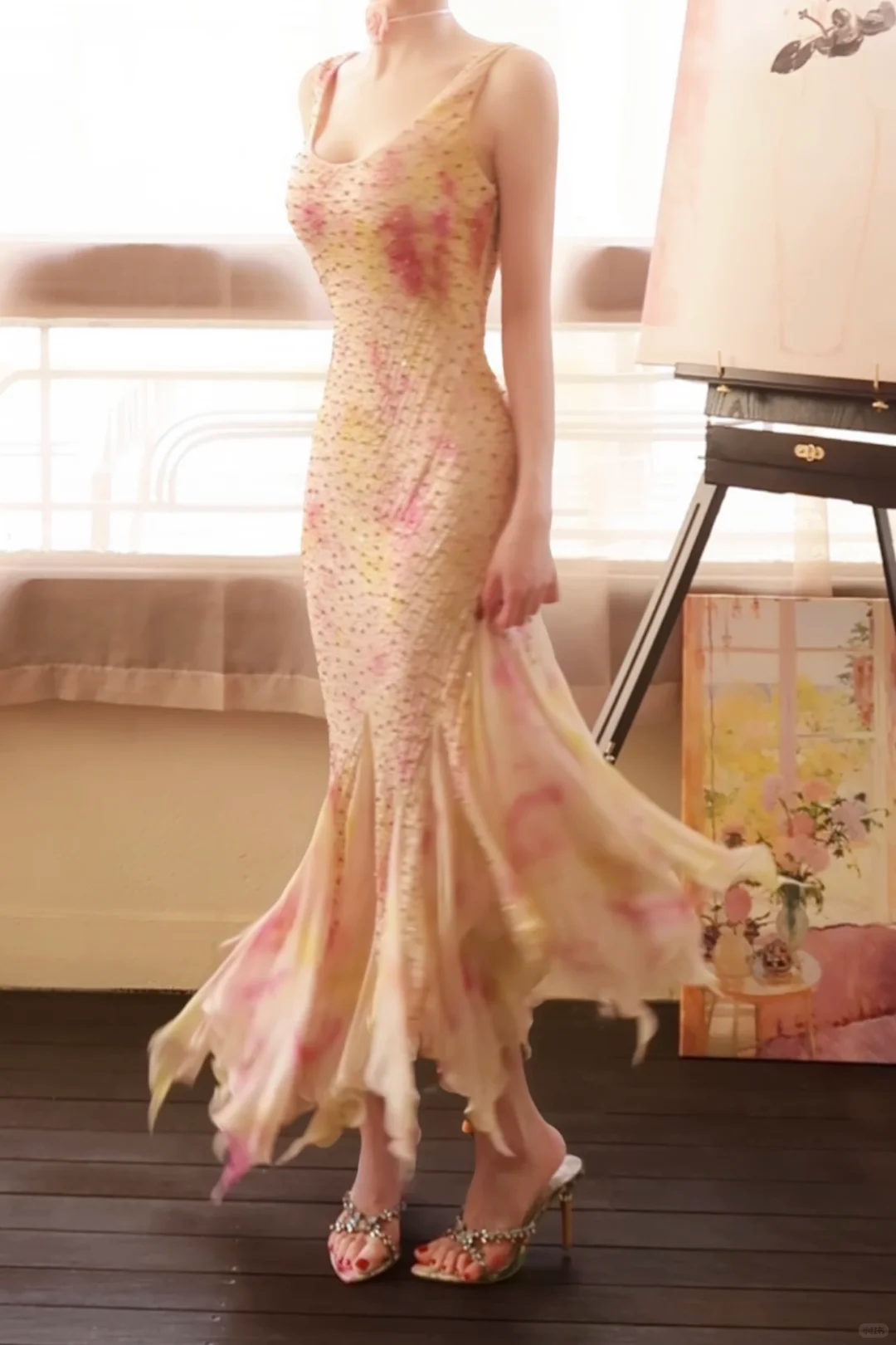 Pretty Sleeveless Chiffon Print Floral Beaded Mermaid Long Party Dress Birthday Dress D2770