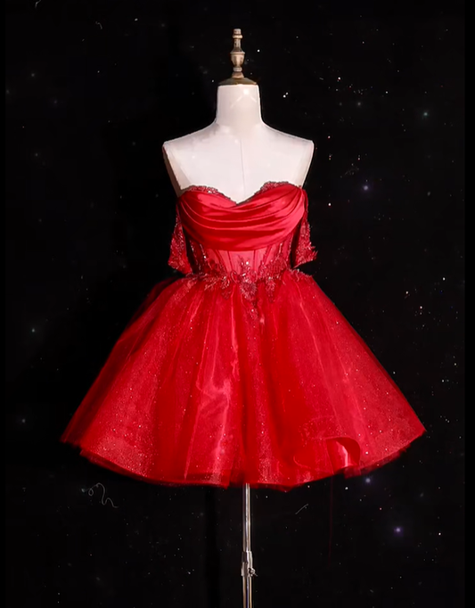 Beautiful Red Off The Shoulder Tulle Appliques 8th Grade Homecoming Dress Short Birthday Outfits S976