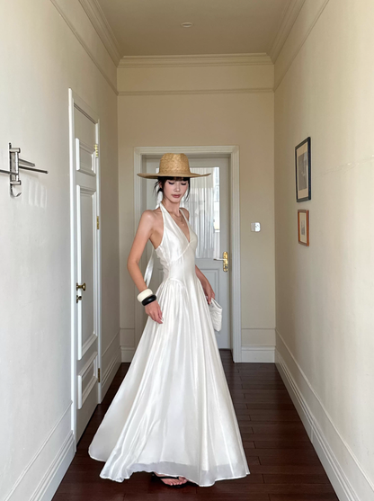 Sexy Halter V Neck White A Line Long Party Dress Formal Evening Gown D2121