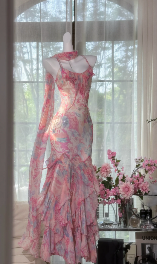Elegant Spaghetti Straps Pink Chiffon Print Floral Beaded Mermaid Party Dress Prom Gown With Ribbon D1556