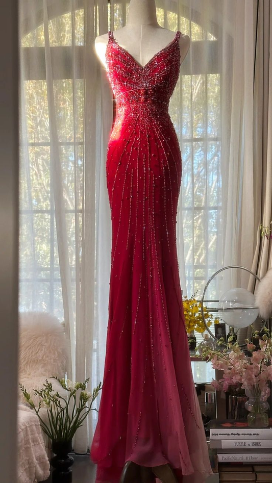 Gorgeous Spaghetti Straps Red Chiffon Beaded Mermaid Long Party Dress Evening Gown D1571