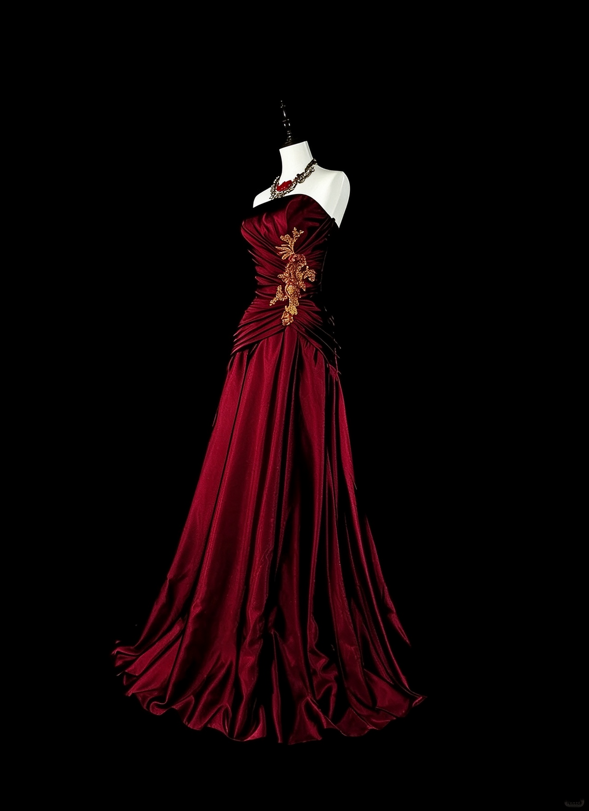 Vintage Strapless Satin Pleated Appliques Evening Dress Burgundy Long Party Dress D5376