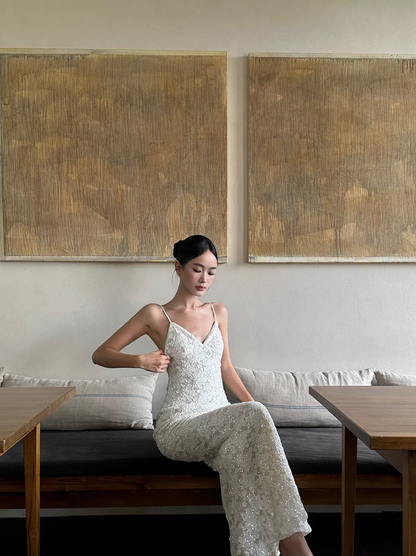 Pretty Spaghetti Straps V Neck Off White Lace Sequin Mermaid Long Evening Dress Formal Wedding Guest Dress D2125