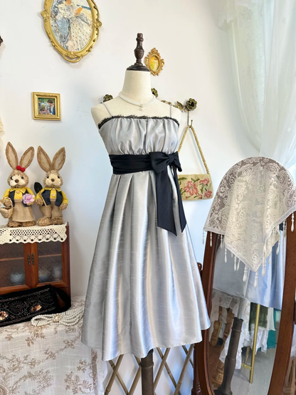 Vintage Silver Gray Satin A Line Short Prom Formal Graduation Homecoming Dress With Bow D309
