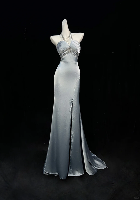 Glamorous Halter Satin Pleated Beaded Mermaid Slit Long Evening Dress Prom Dress D3124