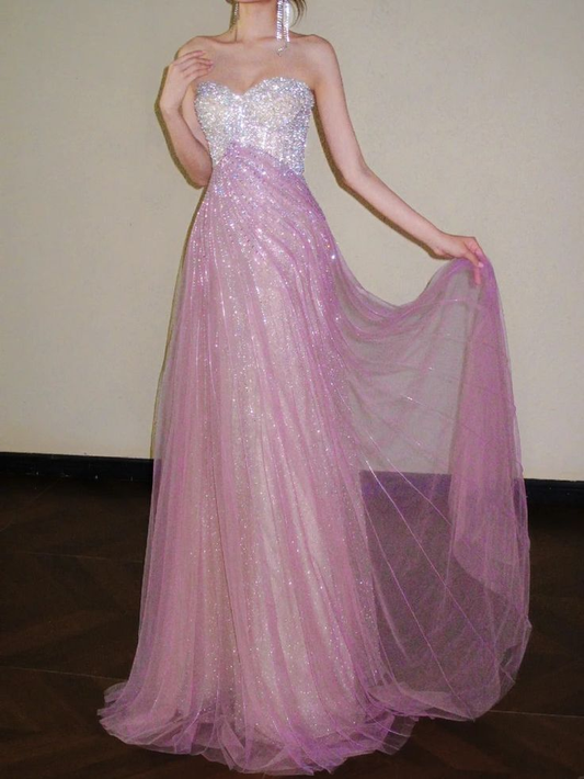 Shiny Pink Strapless Tulle Beaded Mermaid Long Birthday Party Dress Evening Gown D1879