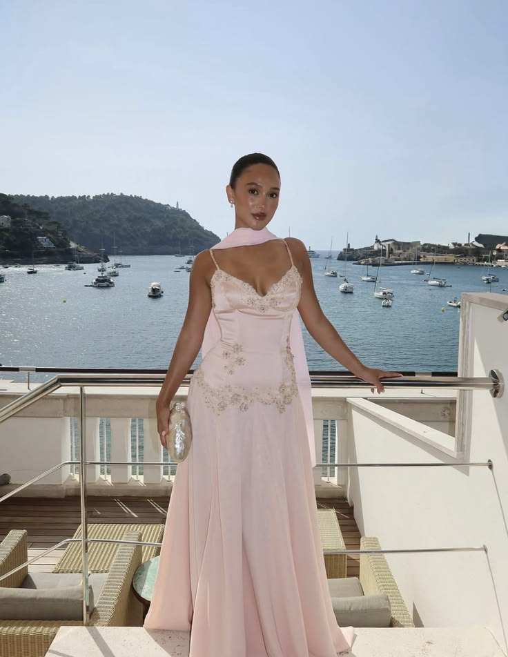 Charming V Neck Pink Chiffon Appliques A Line Slit Long Party Dress Evening Dress With Scarf D4967