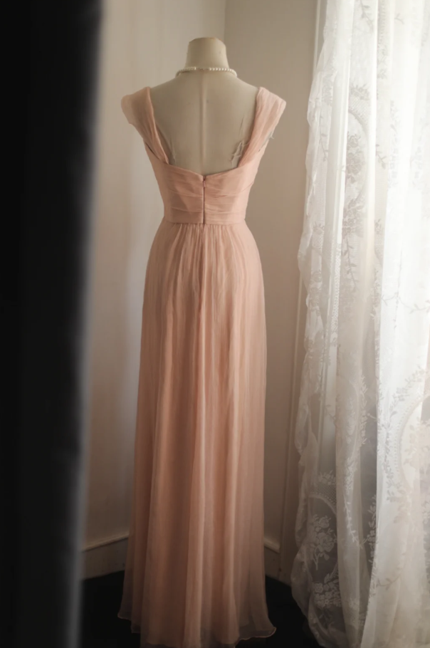 Classy Nude Pink Chiffon A Line Long Wedding Guest Dress Formal Birthday Party Dress D2314