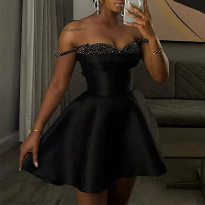 Gorgeous Spaghetti Strap Black Satin Beaded Short Homecoming Dress Cocktail Dress D4659