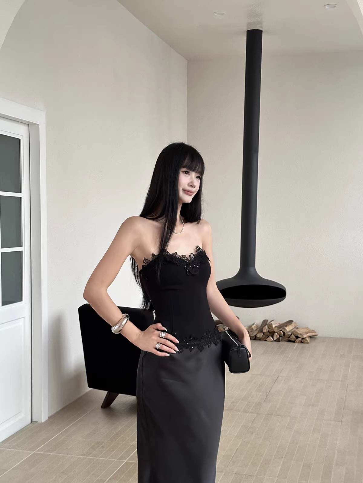 Pretty Lace Appliques Strapless Mermaid Evening Dress Party Dress,Black Satin Long Wedding Guest Dress D2089