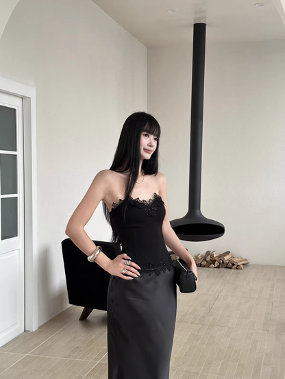 Pretty Lace Appliques Strapless Mermaid Evening Dress Party Dress,Black Satin Long Wedding Guest Dress D2089